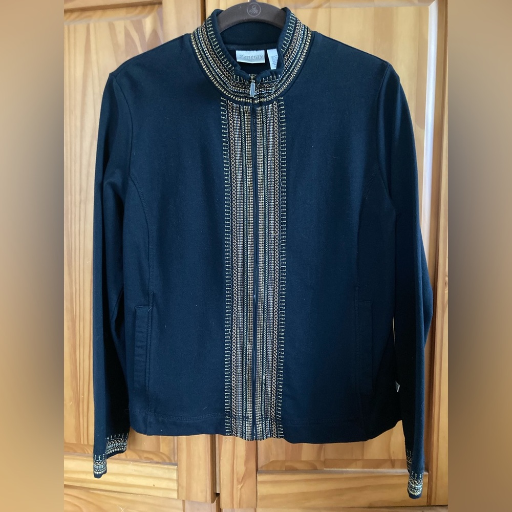 ZENERGY Long sleeve black&gold Zippered down,Embellished Jacket/Blazer